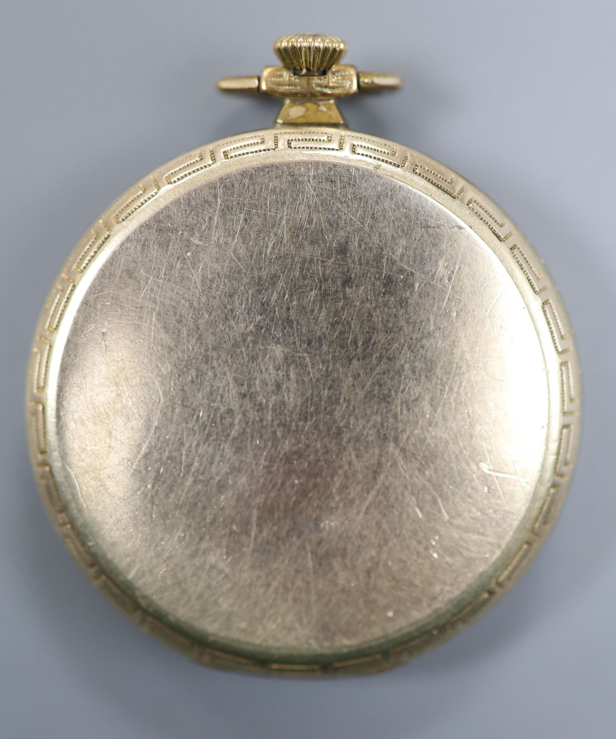 An early to mid 20th century gold filled Rolex keyless dress pocket watch, with Greek Key border, case diameter 44mm.